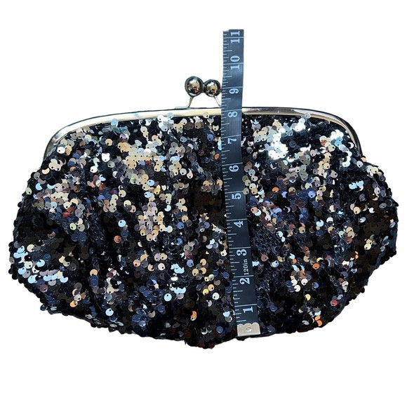 Mossimo Black Sequin Kiss Lock Clutch 13" W x 9" H Scrunchy Glitter Purse - Picture 8 of 12
